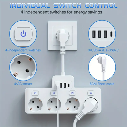 Tira de Alimentación Multifuncional con 4 Enchufes Europeos y 3 Puertos USB + 1 Tipo C | Cable de Extensión Ideal para Oficina, Cocina, Sala de Estar y Viajes