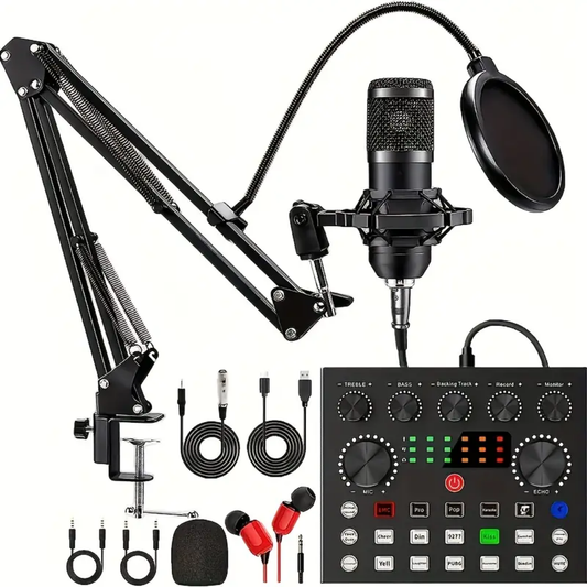 Paquete de Equipo para Podcast - Interfaz de Audio V8s con Tarjeta de Sonido Todo en Uno y Micrófono de Condensador BM800 | Micrófono Profesional para Grabar y Transmitir en Vivo