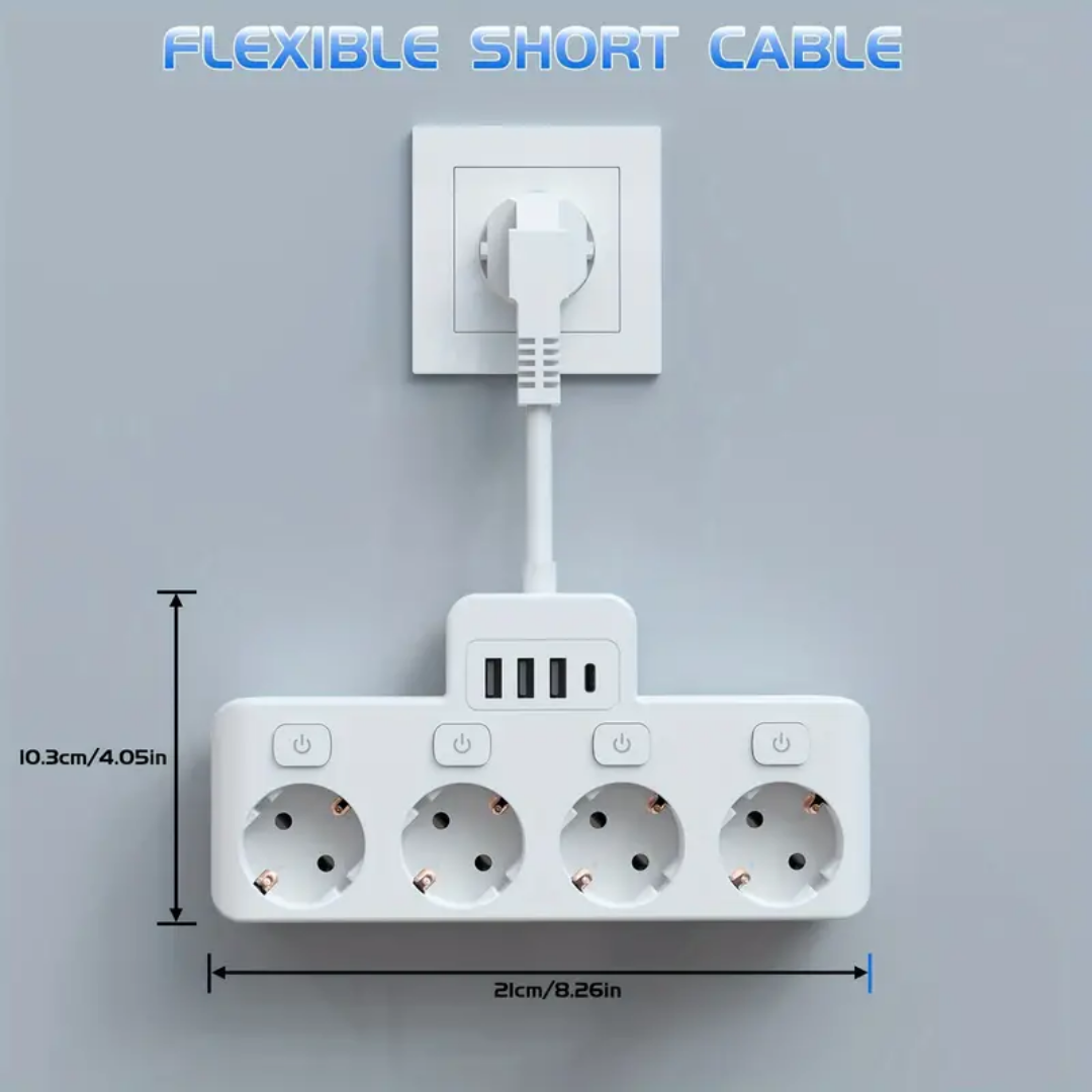 Tira de Alimentación Multifuncional con 4 Enchufes Europeos y 3 Puertos USB + 1 Tipo C | Cable de Extensión Ideal para Oficina, Cocina, Sala de Estar y Viajes